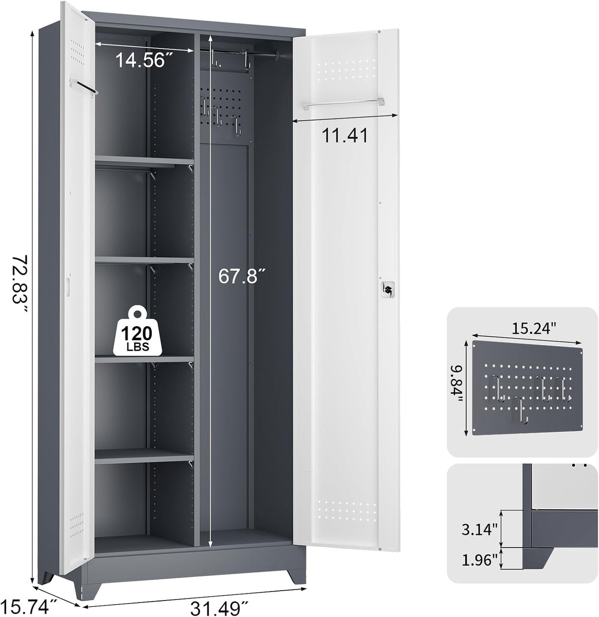 LUCYPAL Broom Storage Cabinet with Locking Doors and Shelves,Broom Closet Storage Cabinet with Hanging Rod and Hooks,Metal Garage Cabinets for Kitchen,Bathroom,Office 72.8" H White&Grey