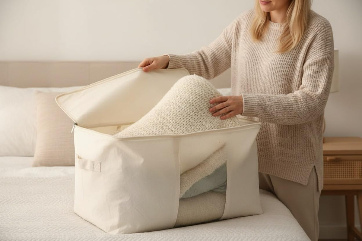 DoYiKe Soft Large Canvas Comforter Storage Bags with Four Carrying Handles and Clear Window, Closet Organizer for Clothing, Blankets Sheets Pillows and Bedding, 80L, 4 Pack, White
