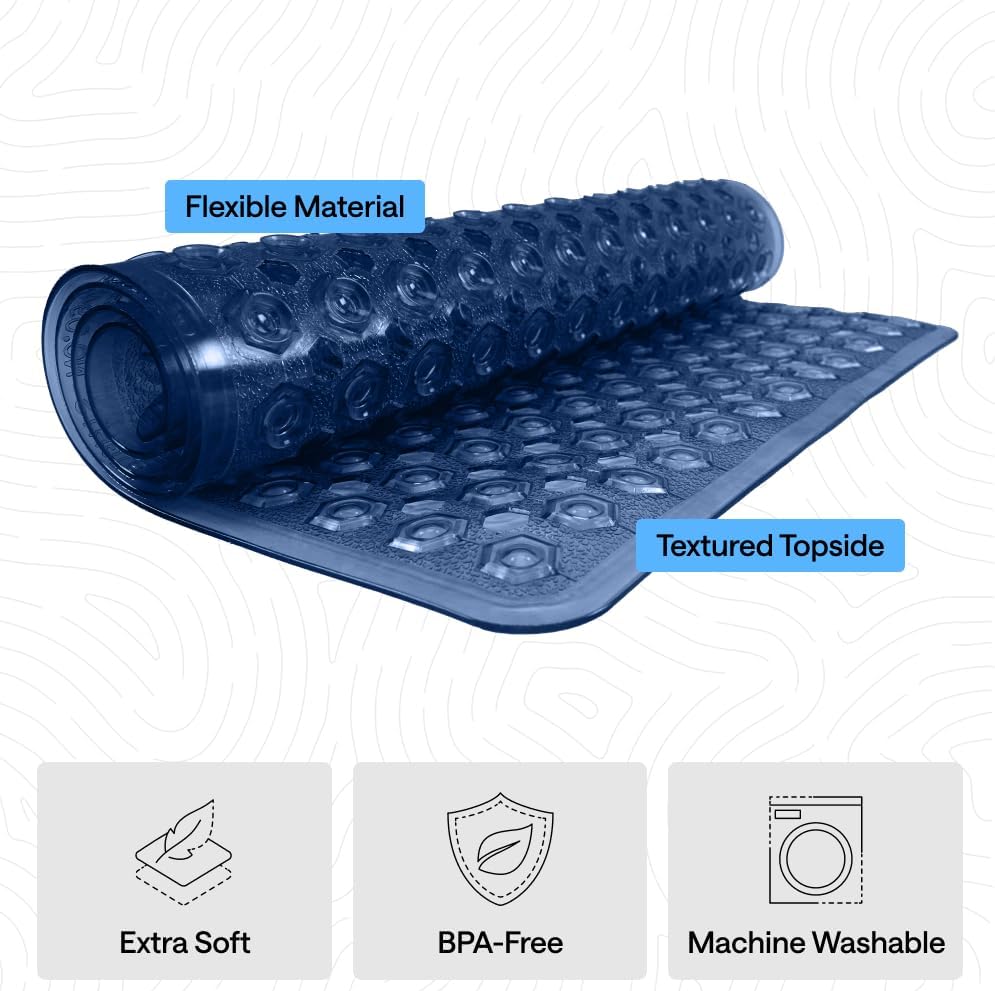 GORILLA GRIP Patented Square Shower Stall Mat, Small Bathtub Floor Mats for Stand Up Showers, Suction Cups and Drainage Holes, Machine Wash, Soft on Feet, Bathroom Accessories 21x21 Inch, Navy Blue