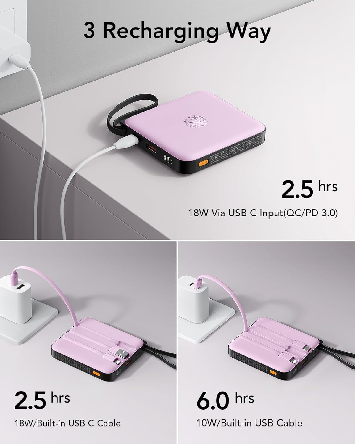 VRURC Portable Charger 10000mAh Battery Pack, Cell Phone Power Bank-Purple | with Built-in 4 Cables,22.5W Fast Charging,Slim,Travel Essentials,for iPhone 17/16/15 Series, Samsung Android Series