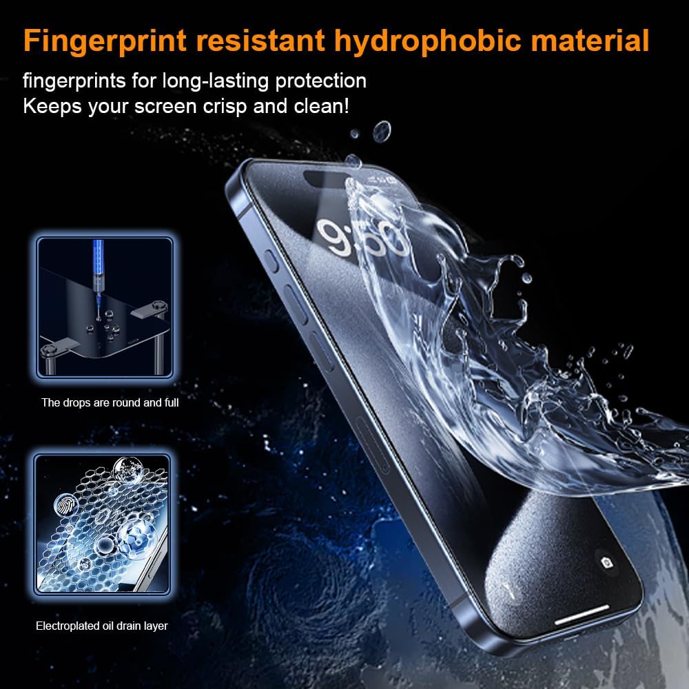 OneFish Screen Protector for Iphone 15 Pro Max, HD Clarity Tempered Glass Film 9H+ Hardness with Hassle-Free Installation Frame, Dust-Free Bubble-Free Anti-Fingerprint, 2Pack