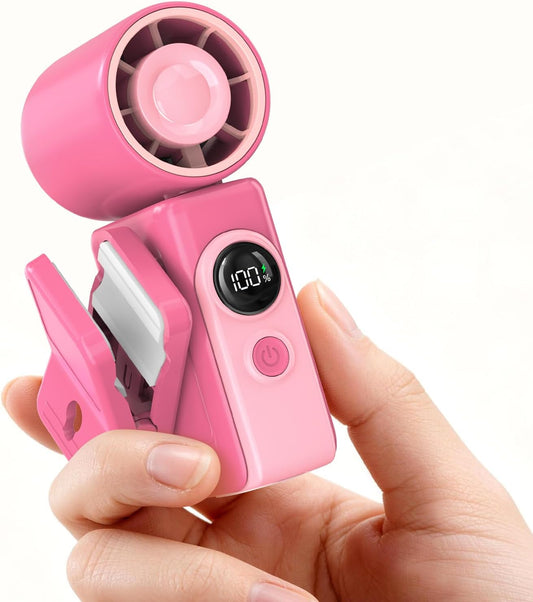 Portable Clip-On Mini Fan, Hands-Free, Turbo Personal Handheld Fans Rechargeable w/ 4 Wind & LED Display, Pocket Size Summer Essentials for Travel/EyeLash/Beach/Concert, Gifts for Women Men(Hot Pink)