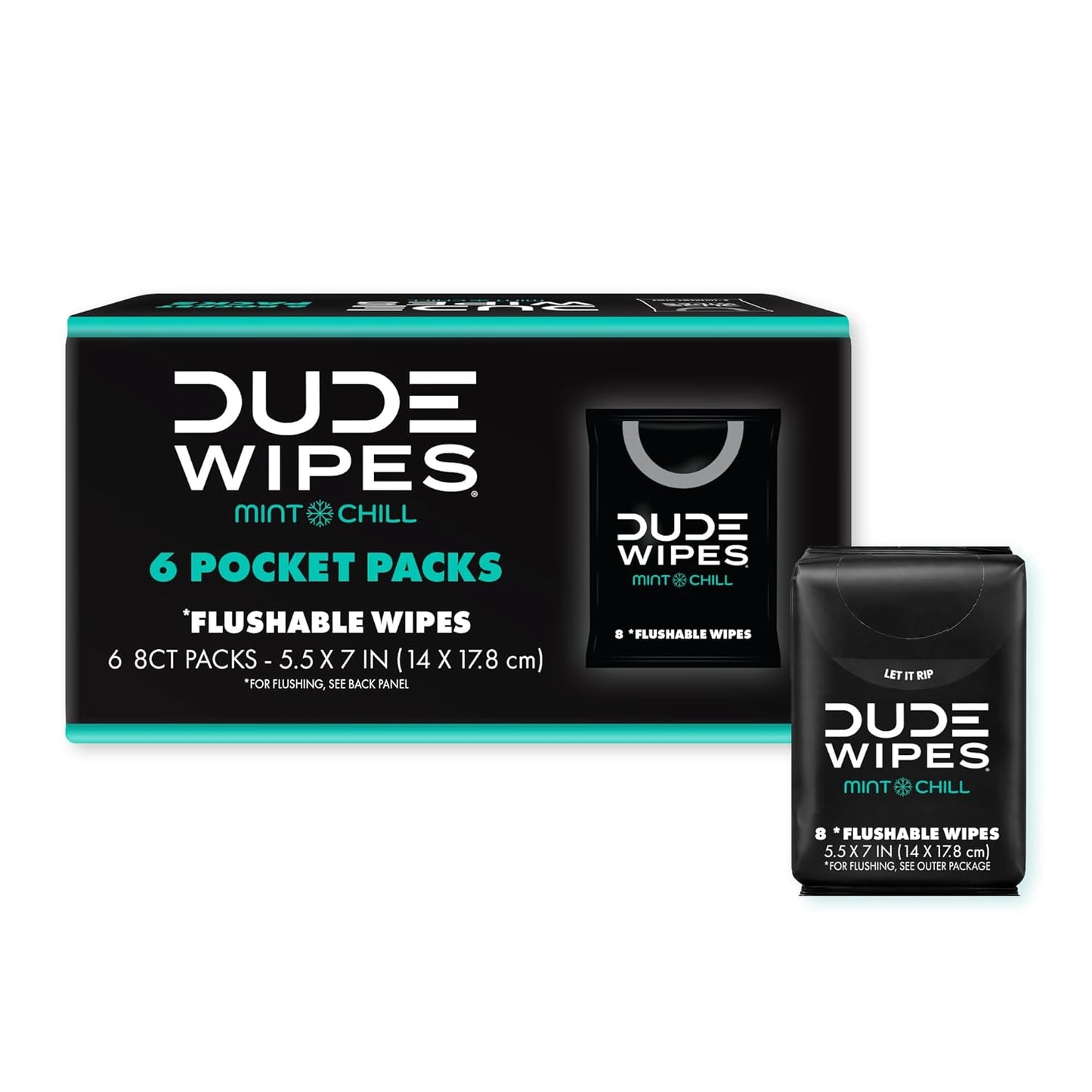DUDE Wipes Mint Chill Pocket Packs - Travel Wipes - 6 Packs of 8 (48 Count) - On-The-Go Adult Flushable Wipes - Infused with Tea Tree Oil, Vitamin E, and Aloe - Septic and Sewer Safe