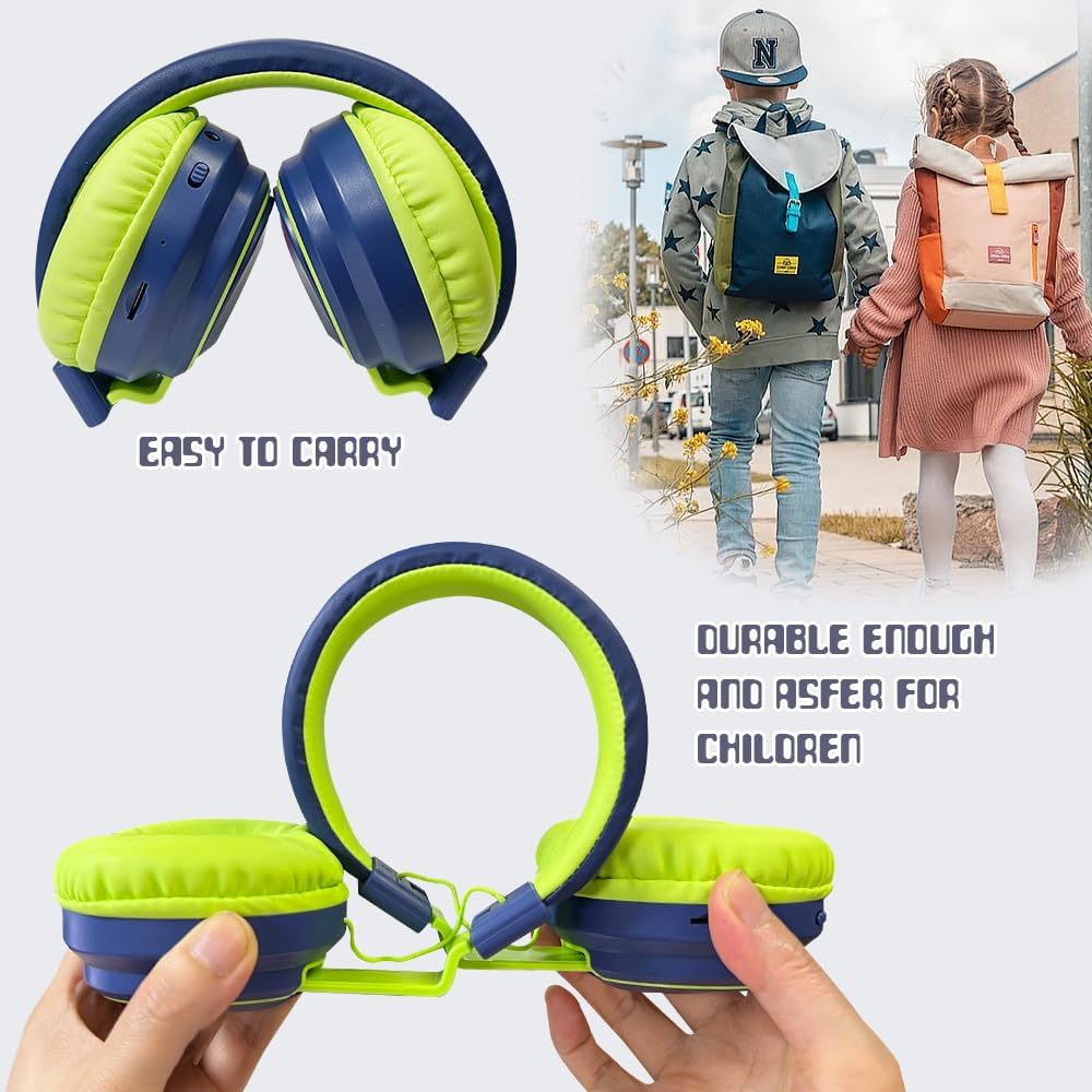 Mokata Kids Headphones Bluetooth 5.3 Wireless Lightweight Fast Charging 68 Hours Play Time Volume Limited 85/94dB Over Ear Foldable with Built-in Mic for Toddler Boy Tablet Pad Deepblue