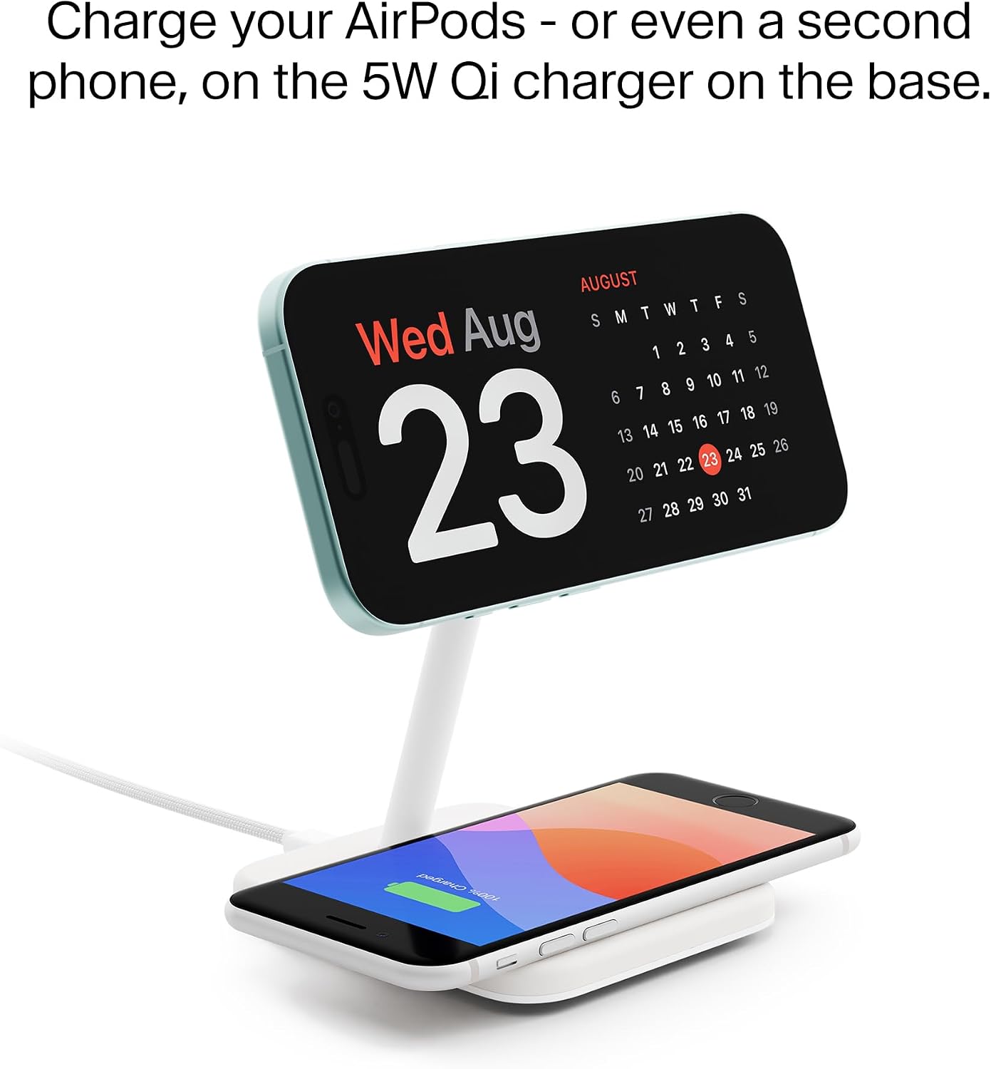 Twelve South HiRise 2 Deluxe 2-in-1 Wireless Charging Station, White | The Qi2 magnetic arm delivers 15W to your iPhone while the 5W base tops up AirPods Pro; tilts 70 degrees for StandBy mode.