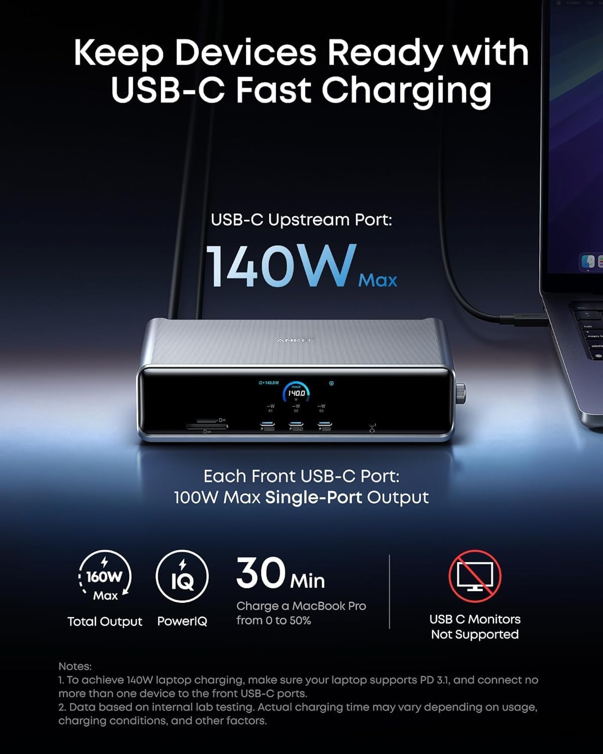 Anker Prime Docking Station (DL7400), 14-Port Triple Display with DisplayLink, 140W Max, Smart Display, Triple 4K 60Hz, Cooling Fan, for Windows Laptops (The Latest DisplayLink Driver Must Installed)