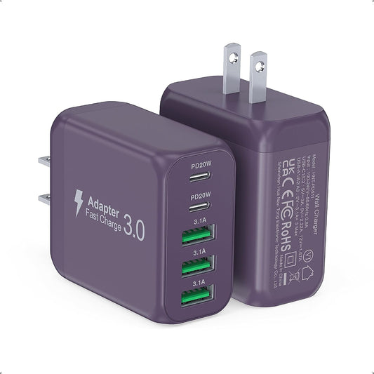 50W 2-Pack USB C Wall Charger Block, 5-Port C Charger Fast Charging Block PD Power Adapter +QC Multiport Type C Box Brick Cube USB A Wall Plug for iPhone 14/15/16/17 Pro Max,Samsung Galaxy(Purple)