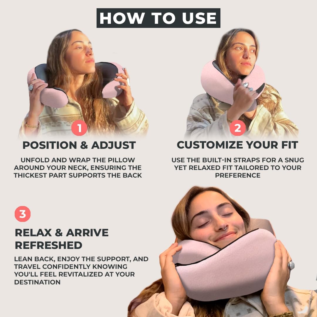 FlyHugz® Neck Travel Pillow Memory Foam Neck Pillow for Comfort on Airplane Compact and Ergonomic Design for Travel, Car Rides, and Home Use Ideal for Adults and Kids. (Pink)