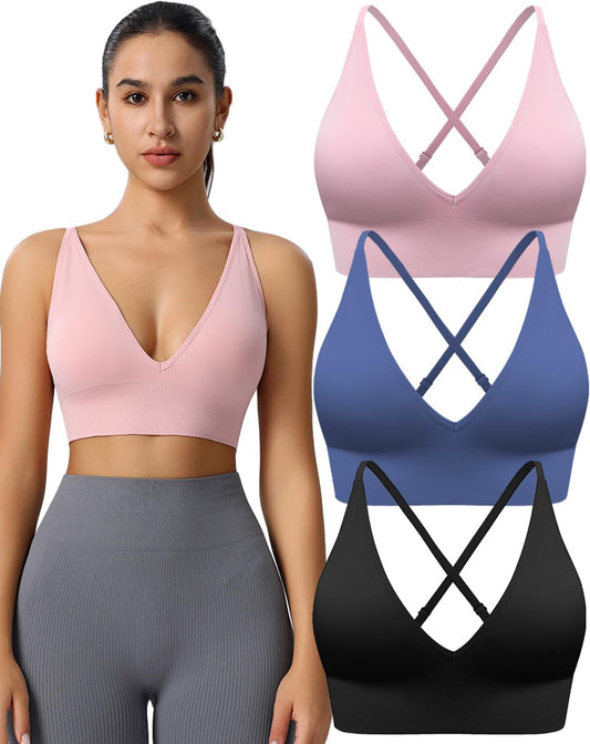 Women's V Neck Sports Bras, Adjustable Seamless Wireless Padded Bralettes