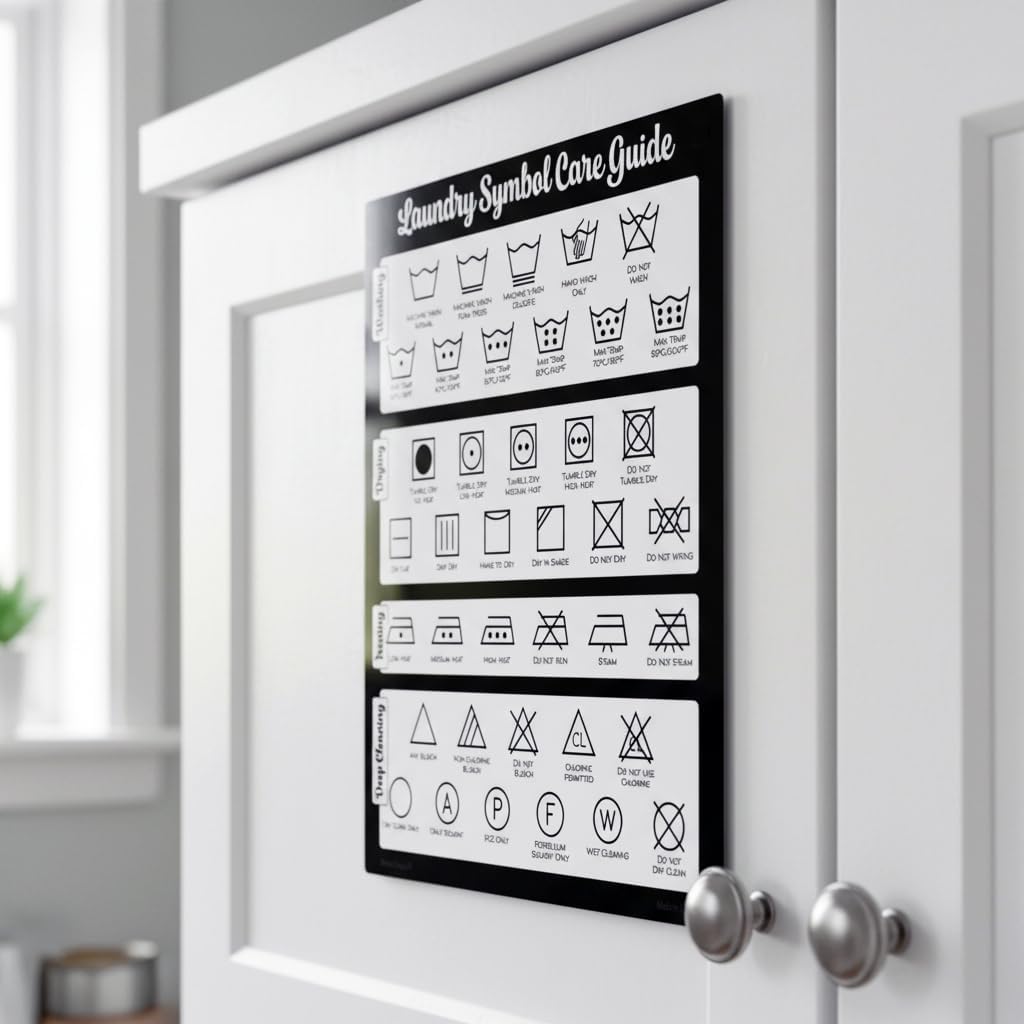 Farmhouse Laundry Symbols Magnet, 8x10 Laundry Symbols Chart, 39 Icons for Clothing Care Guide, Laundromat Care Symbol Wall Art for Home, Washing Room Sign Chart, Laundromat Room Organization & Decor