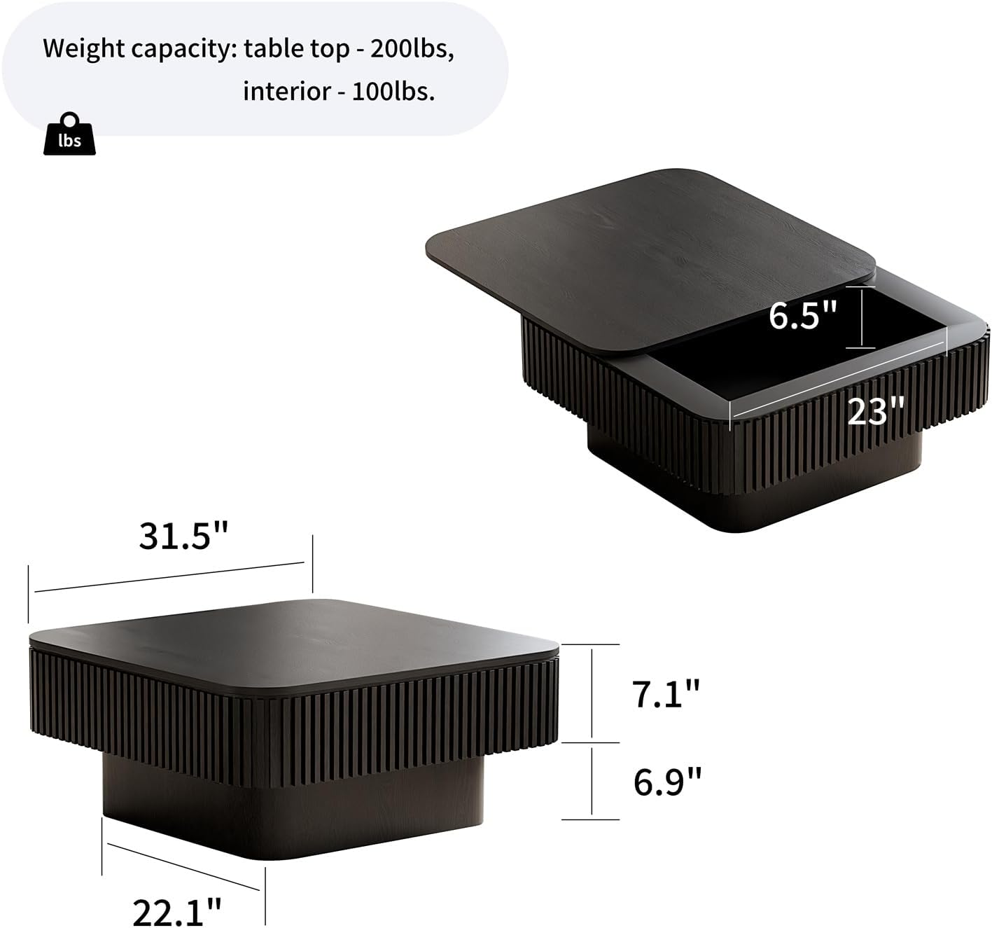 Square Coffee Table for Living Room,Fluted Drum Accent Tea Center Table with Storage,Solid Wood Modern Coffee Tables for Small Space Office Apartment (31.5" L×31.5''W×14''H-Black)