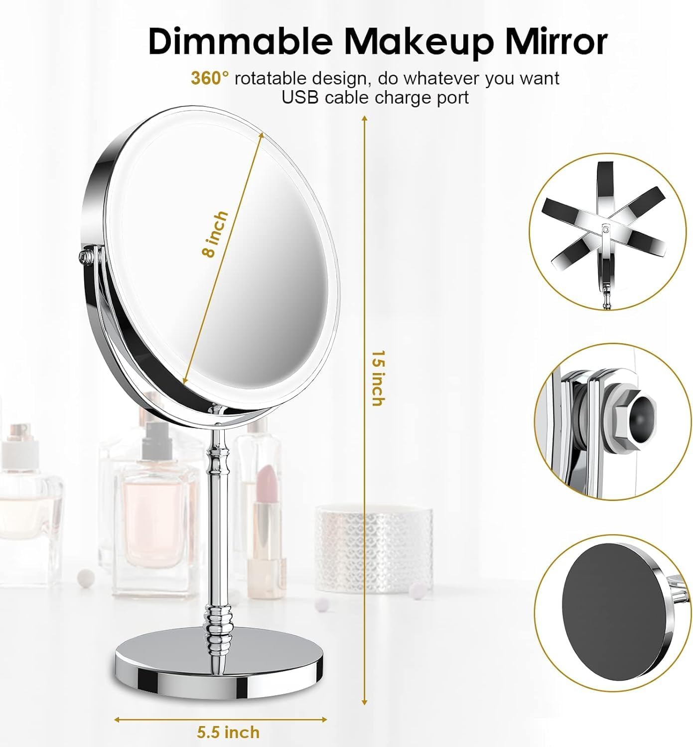 DEIOVWXS Makeup Mirror, 3000mAh Rechargeable Double-Sided Magnifying Vanity Mirror with 3 Colors, 1X/10X, Adjustable Brightness, Gift for Mom, Mothers Day, Women, Wife, Girls, Dorm Room Essential