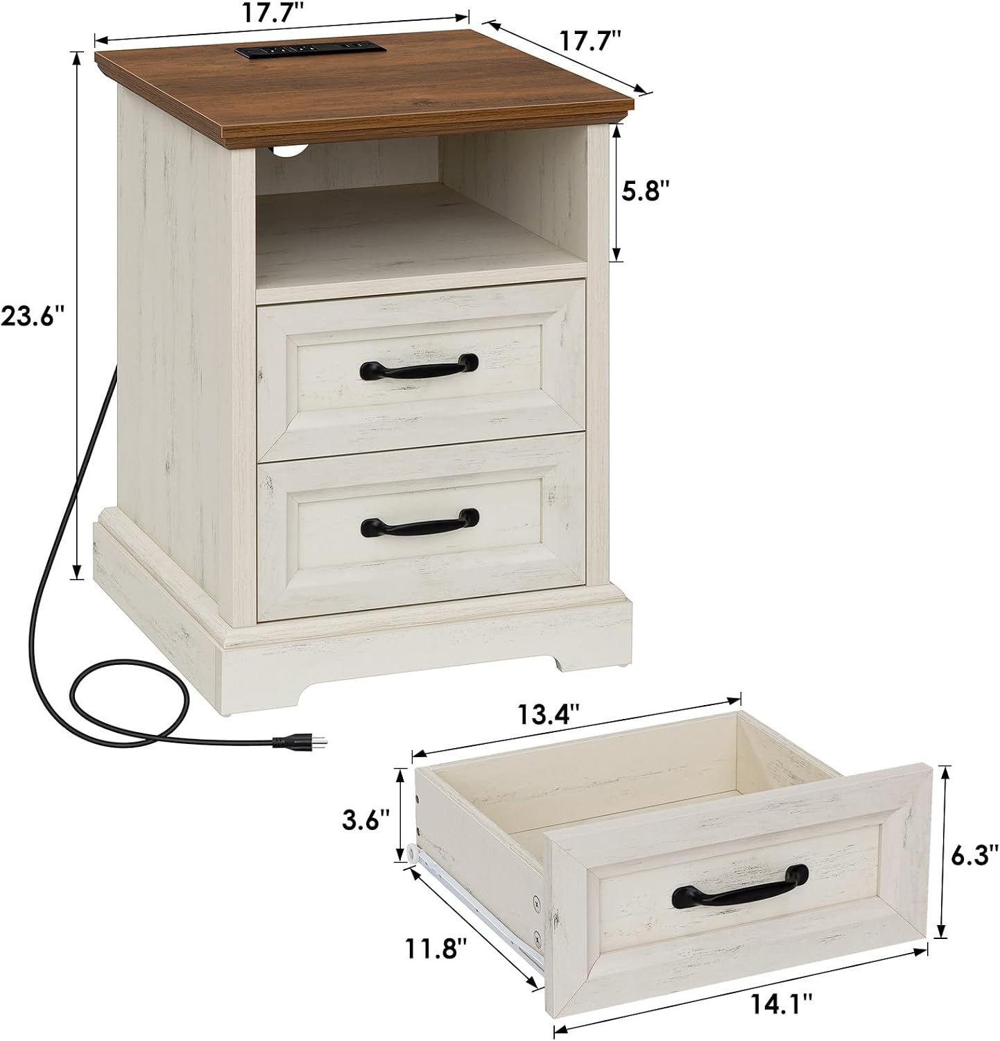 HOMMPA Farmhouse Nightstand w/Charging Station, Open Shelf, Rustic White