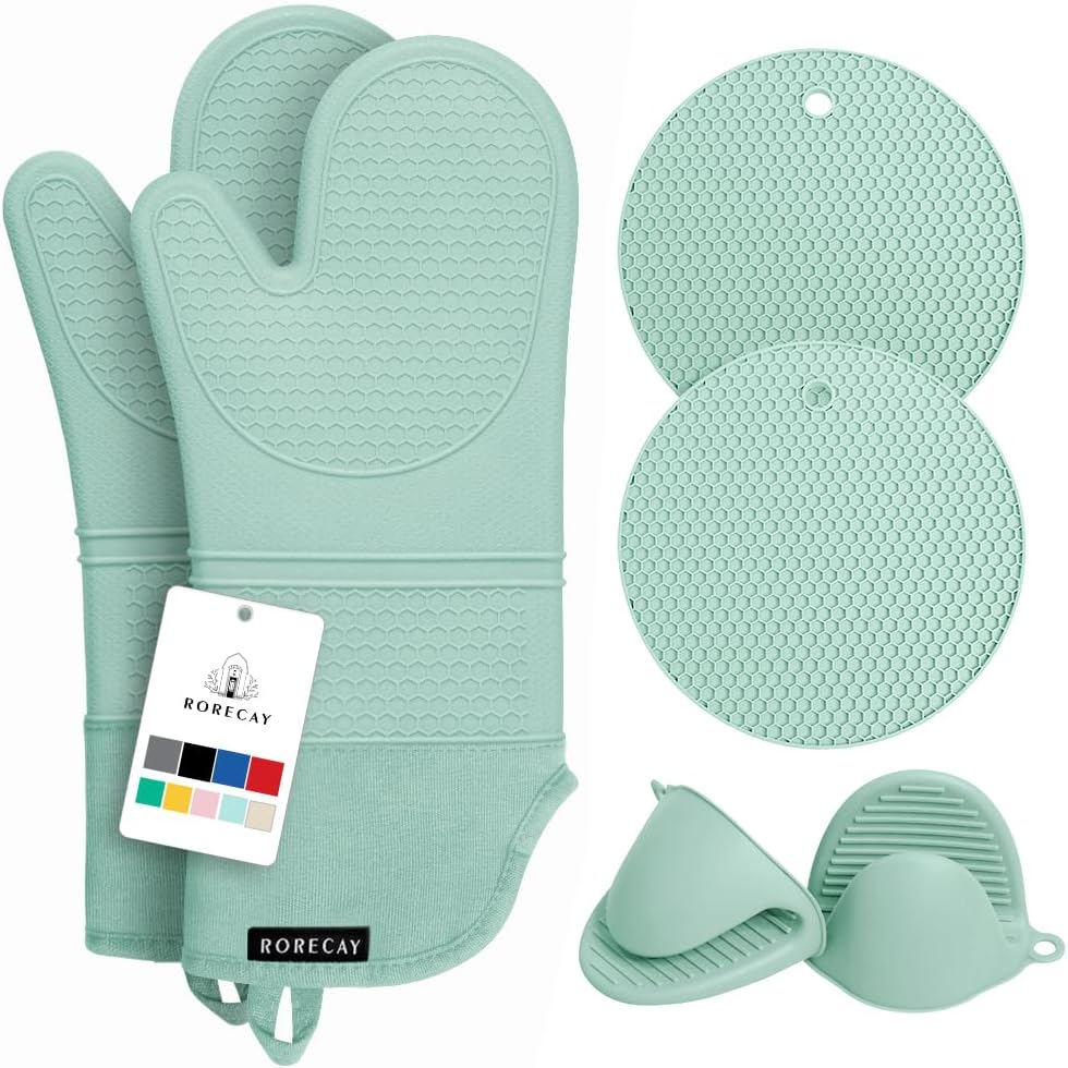 Rorecay 6pcs Oven Mitts and Pot Holders Sets Heat Resistant 500 Degrees, Extra Long and Non-Slip Silicone Oven Gloves Potholders Hot Pads for Kitchen Baking Cooking, Quilted Liner, Black