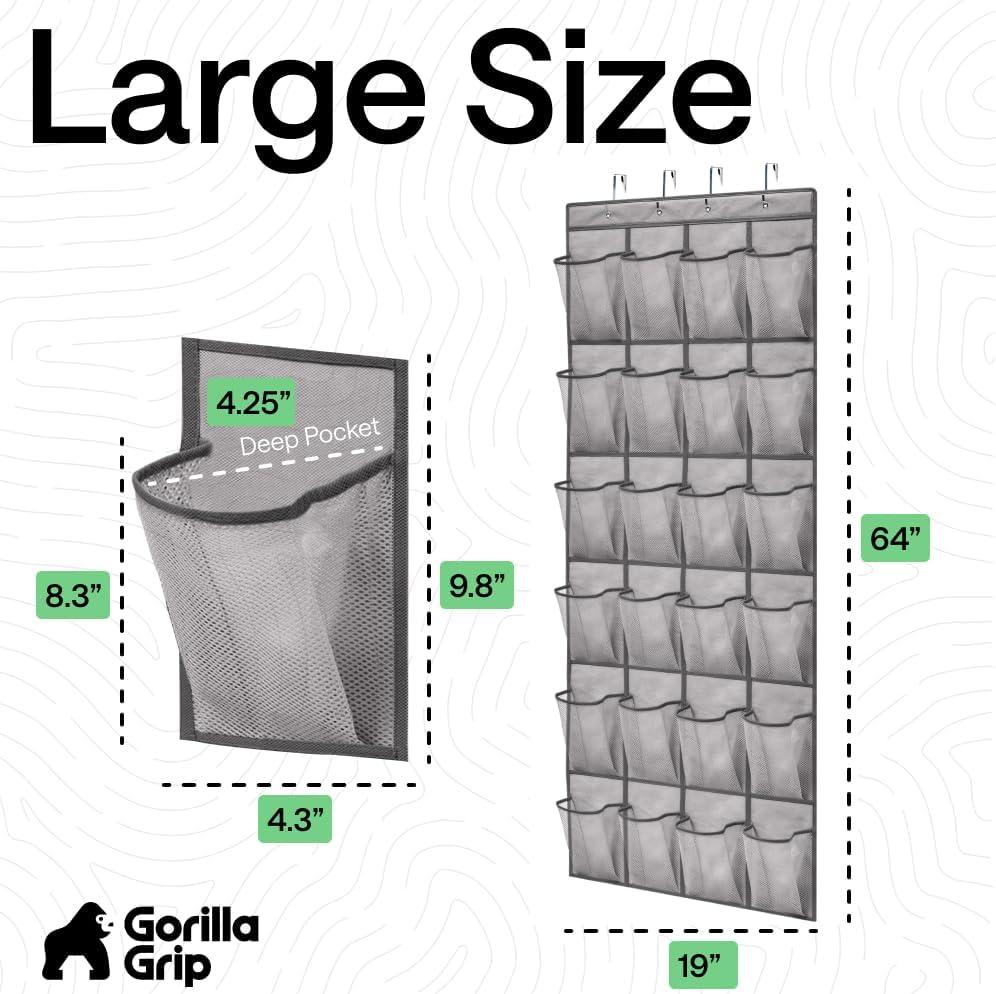 GORILLA GRIP Over the Door Shoe Organizer, 24 Large Breathable Mesh Pockets, Space Saving Hanging Storage Holder, Closet Rack Hanger Holds Up to 40 lbs, Hangs on Closets for Shoes, Accessories, Grey