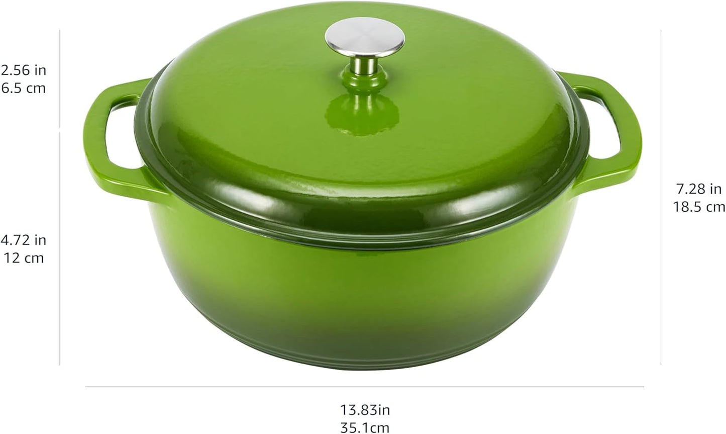 Amazon Basics Enameled Cast Iron Dutch Oven Pot with Lid, Round, Dual Handles, Heavy-Duty, Oven Safe, 6-Quart, Green
