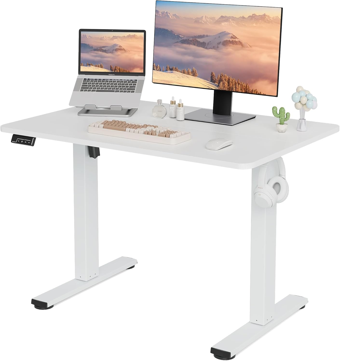 LongKe Electric Standing Desk Adjustable Height, 40x24 Inches Sit Stand up Desktop for Home Office, Ergonomic Rising Computer Table with Memory Preset, White