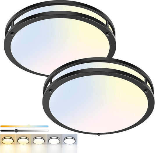 hepside 13inch Flush Mount Ceiling Light Fixture 2 Pack, Dimmable & 5 Color Temperatures Ceiling Light Black, 24W 3000K 3500K 4000K 5000K 6500K Adjustable Ceiling Lamps for Bathroom Bedroom Hallway