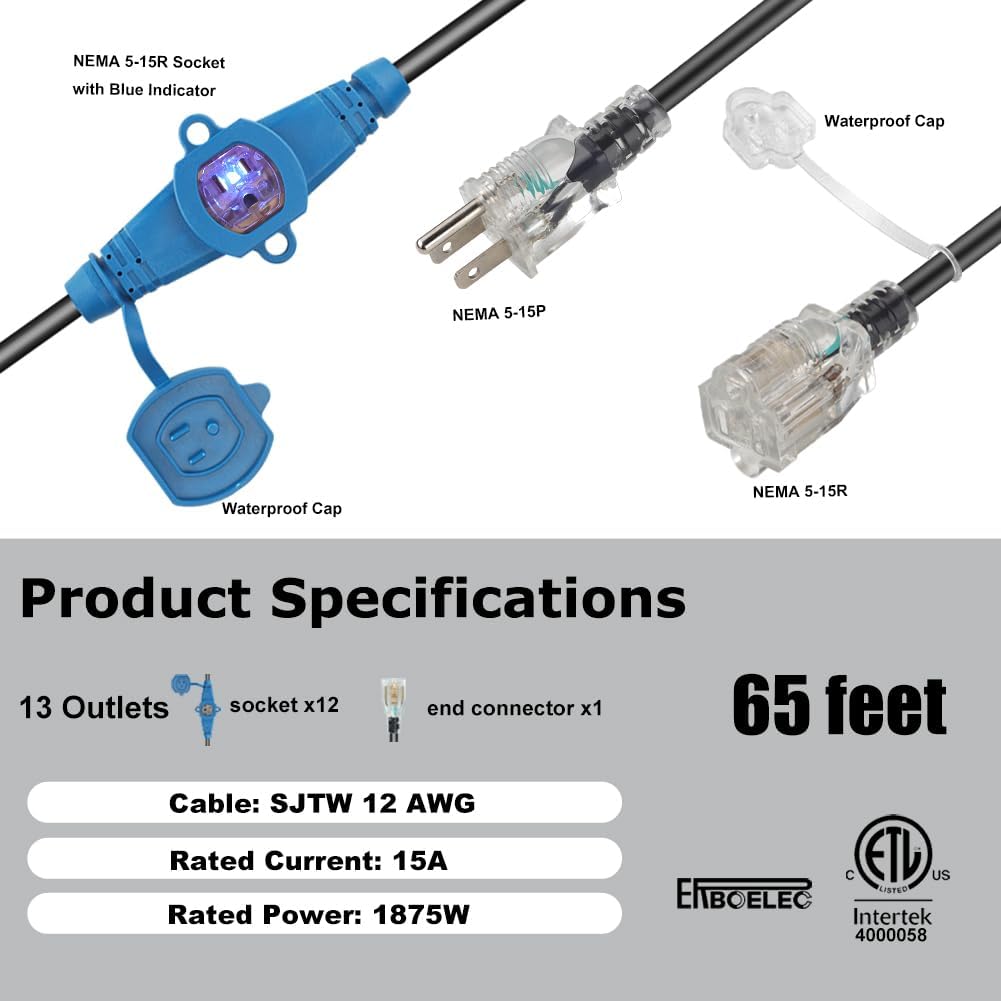 65 Feet Multi Outlet Extension Cord 12 Gauge 13 Nema 5-15R Outlets