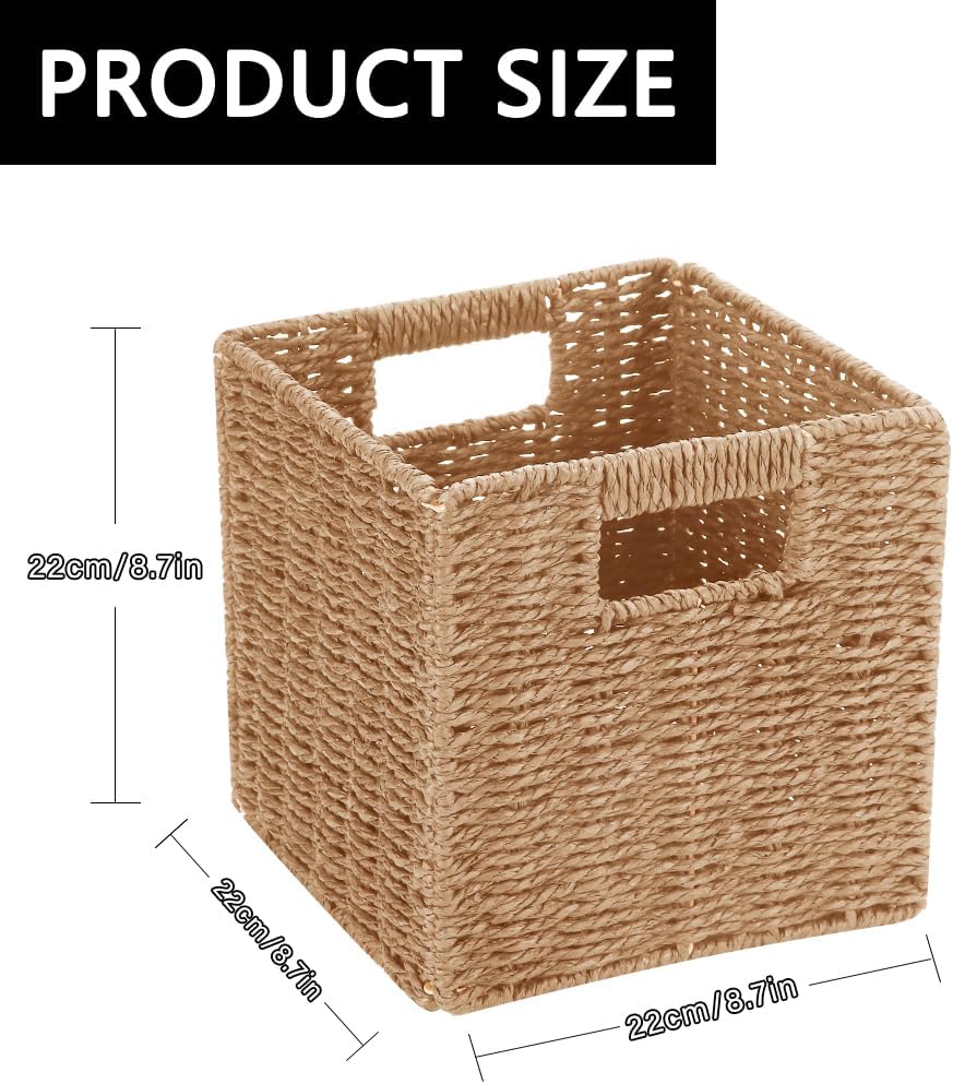 6 Pack 8.7 Inch Wicker Baskets, Hand Paper Rope Storage Baskets | Foldable Cube Storage Bins Organizer Square Wicker Cubes for Shelves Pantry Organizing & Decor