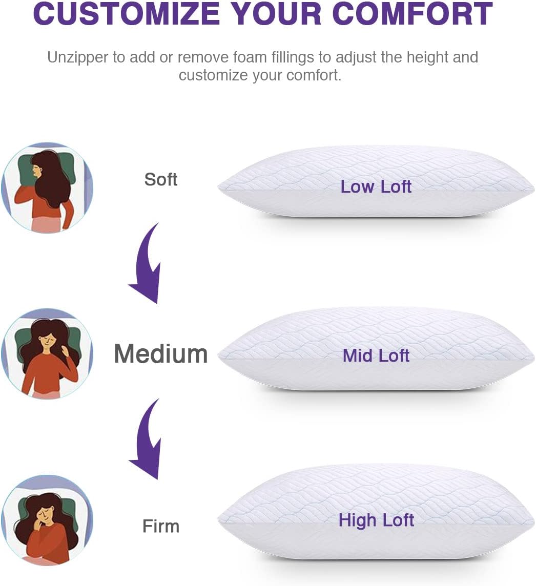 WISHSMILE Cooling Pillows Queen Size Set of 2, Memory Foam Pillows with Zipper, Adjustable Firmness for Sleeping Cool Cold Pillow to Hot, Side, Back and Stomach Sleepers, 2 Pack, 20x30
