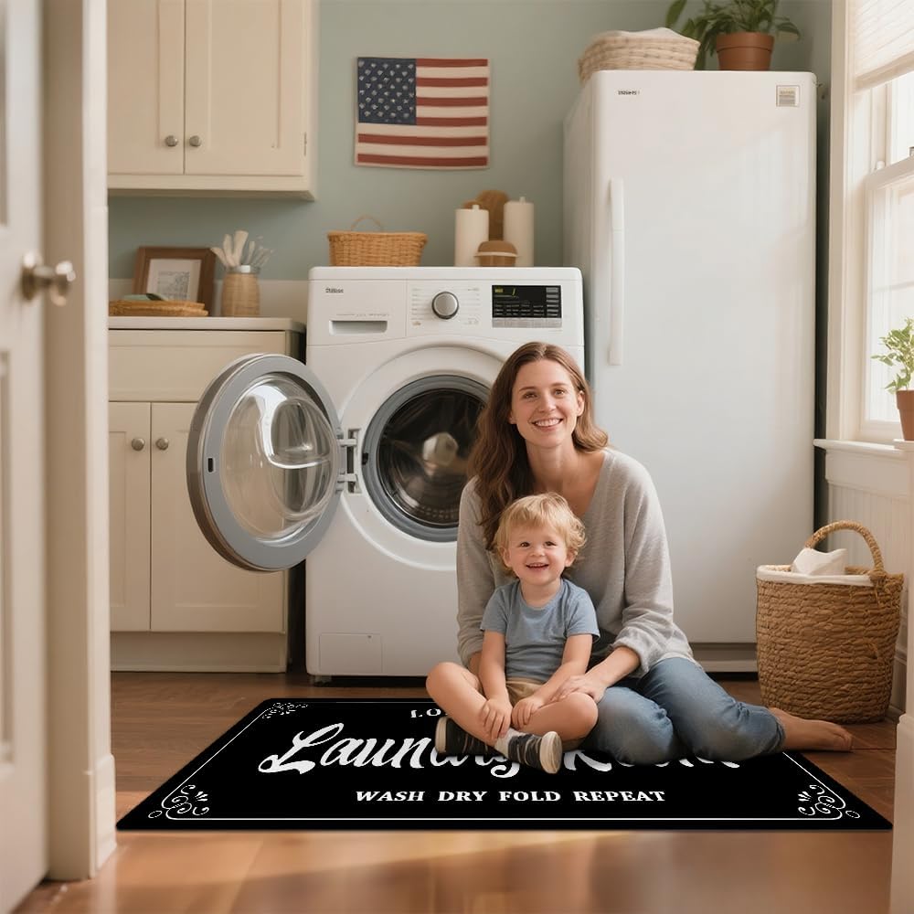 Laundry Room Rug Non Slip Floor mats Farmhouse Large Laundry Rugs for Laundry Room Mat Washer and Dryer Carpet Laundry Runner Room Decor 20x47inch(Black)
