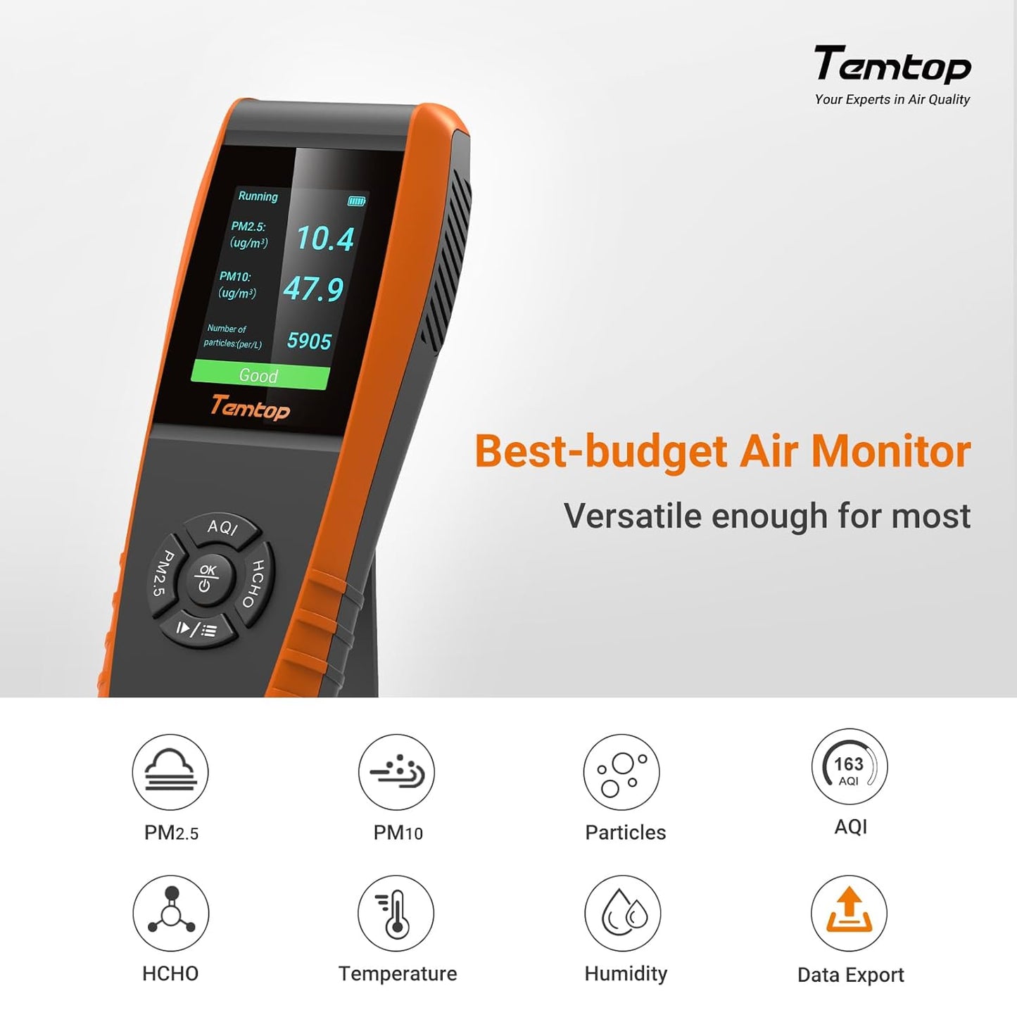 Temtop Air Quality Monitor PM2.5 PM10 Particle Counter, Formaldehyde, Temperature, Humidity, TVOC AQI Tester for Indoor/Outdoor Air Pollution Detection w/Data Export