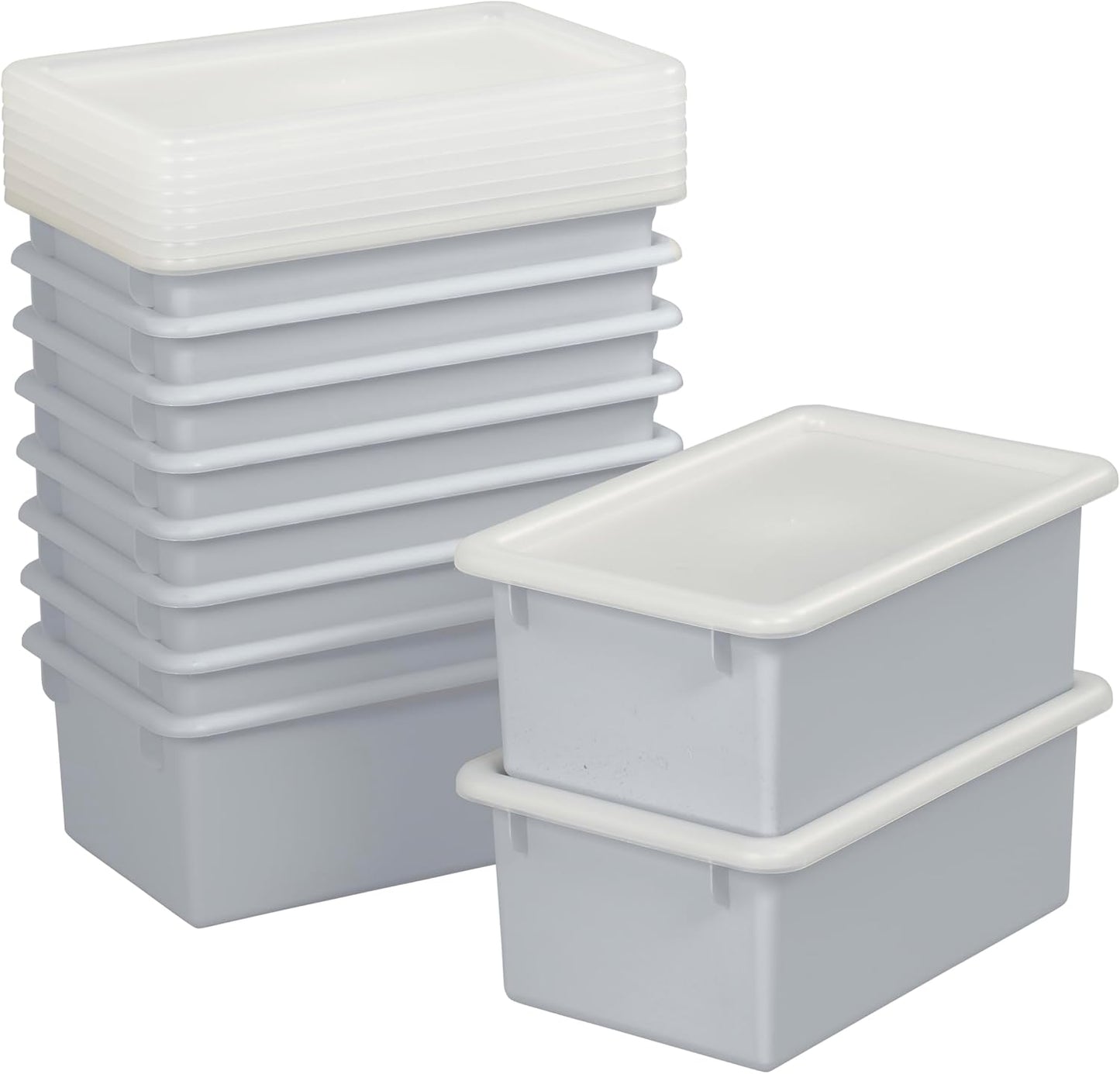 Cubby Storage Bins with Non-Snap Lids, 10-Pack, Light Grey