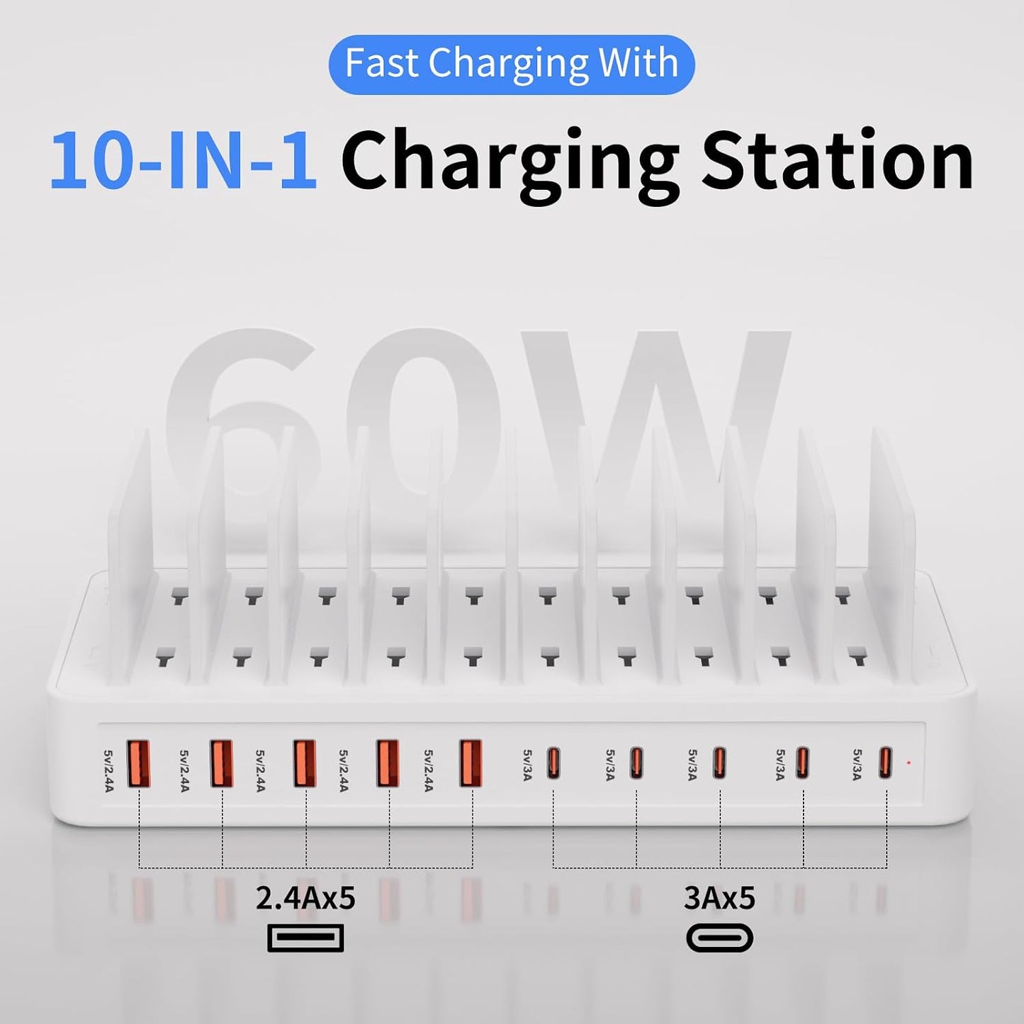 60W Charging Station for Multiple Devices, 10-Port USB Fast Charger | Device Organizer Charging Dock with 10 Mixed Charging Cable & Adjustable Dividers for iPhone, Android, iPad, Tablets & More