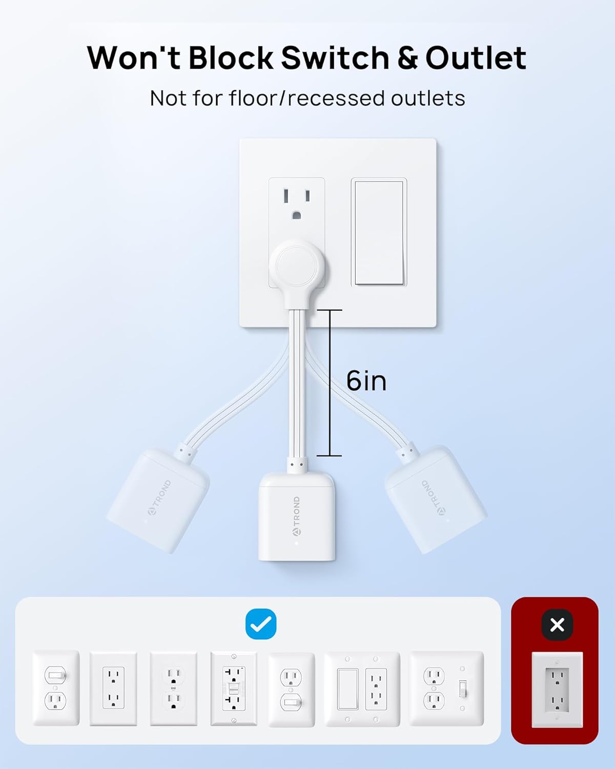 TROND Flat Outlet Extender with 6 Inch Cord - ETL Listed Flat Plug Extension Outlet Splitter Adapter, Electrical 3 Way Multi Wall Plug Extender for Home Office Dorm Room Cruise Ship Travel, White
