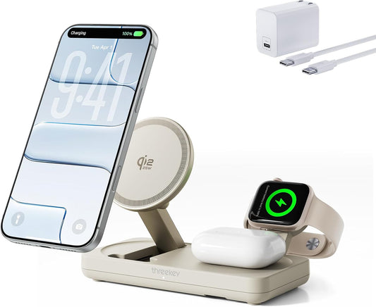 THREEKEY 3 in 1 Qi2 Wireless Charging Station, 25W Magnetic Charger with MFi-Certified Apple Watch Module for iPhone 17/16/15/14/13/12, AirPods, Pixel 10 Pro XL, 45W Adapter