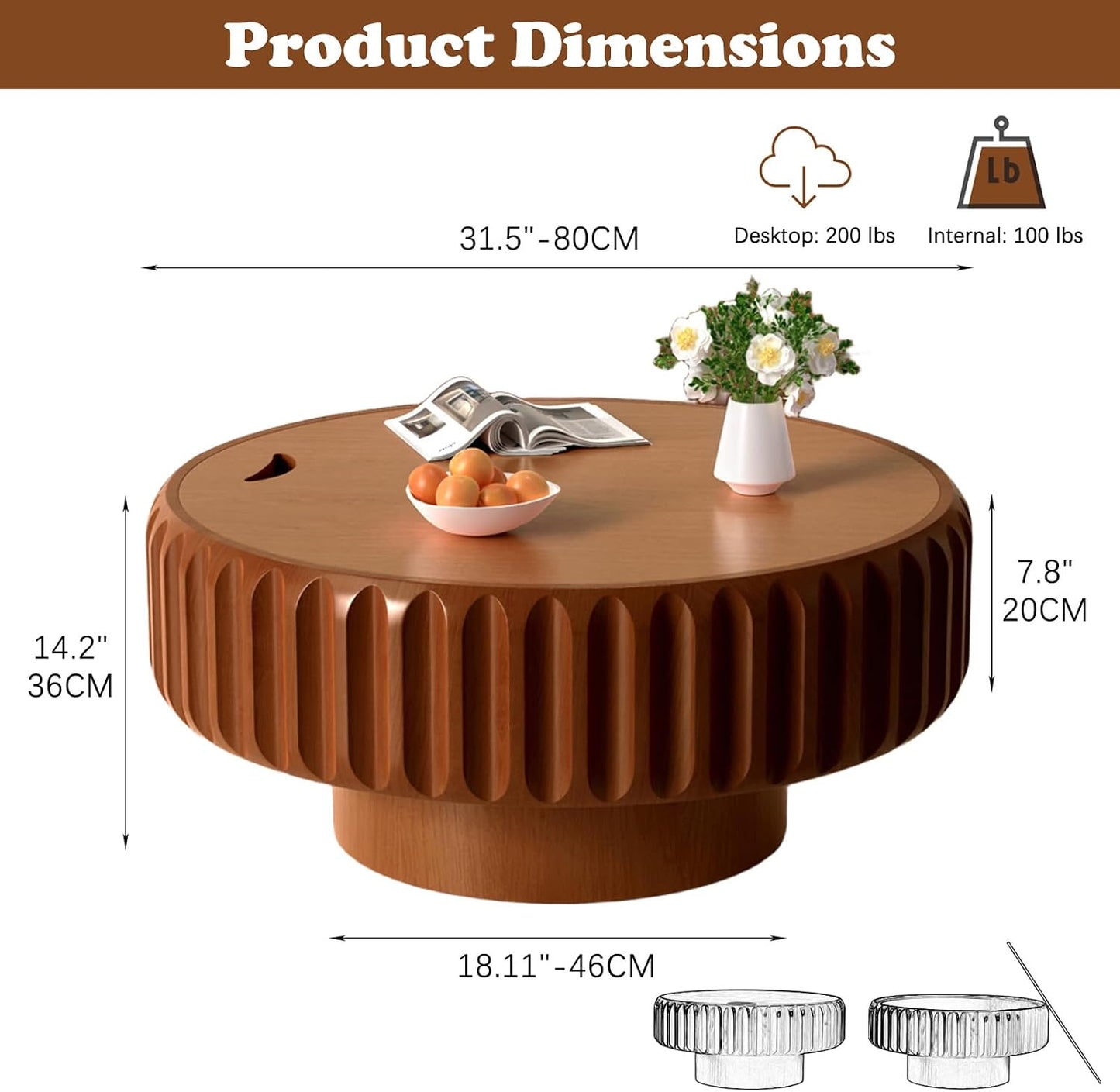 Round Coffee Table with Storage (Brown 31.5") | Handcraft Fluted Drum, Modern Circle Wooden Coffee Table, Cocktail Table for Living Room, Home Office Apartment