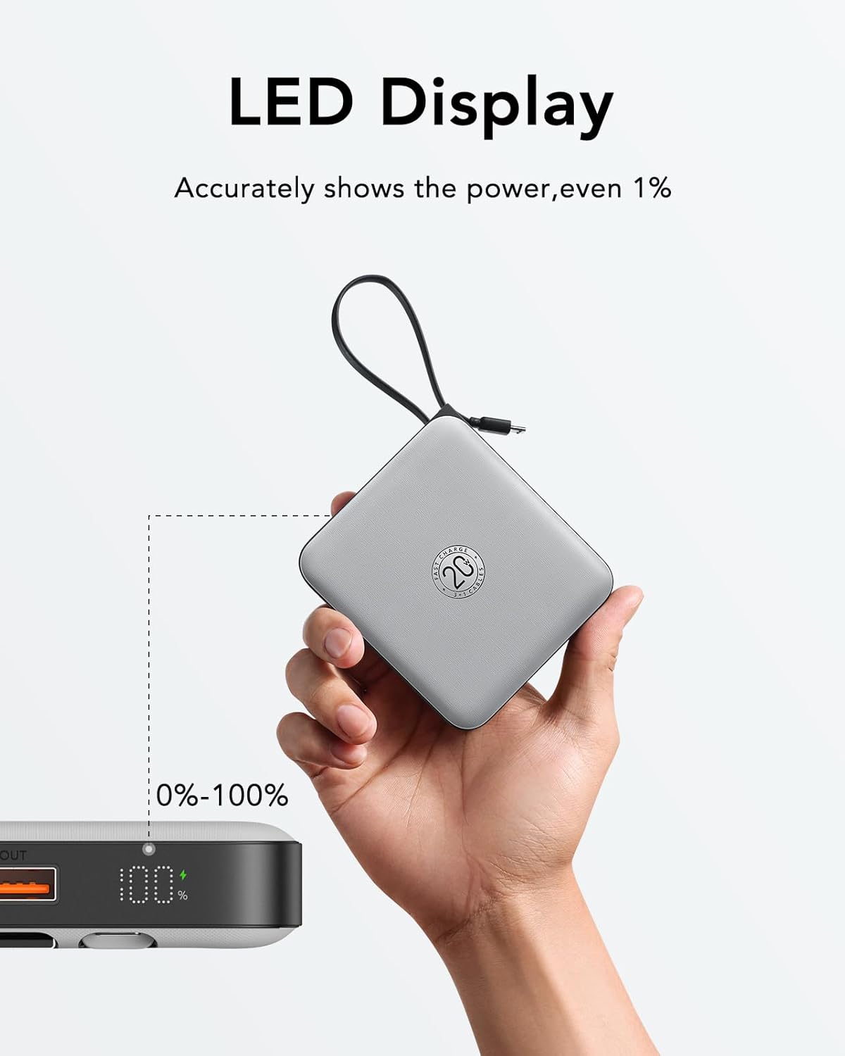 VRURC Portable Charger with Built-in Cable, 10000mAh 22.5W Fast Charging USB C Battery Pack, Cell Phone Power Bank for iPhone 17 16 15 Series Android Tablet (Grey)