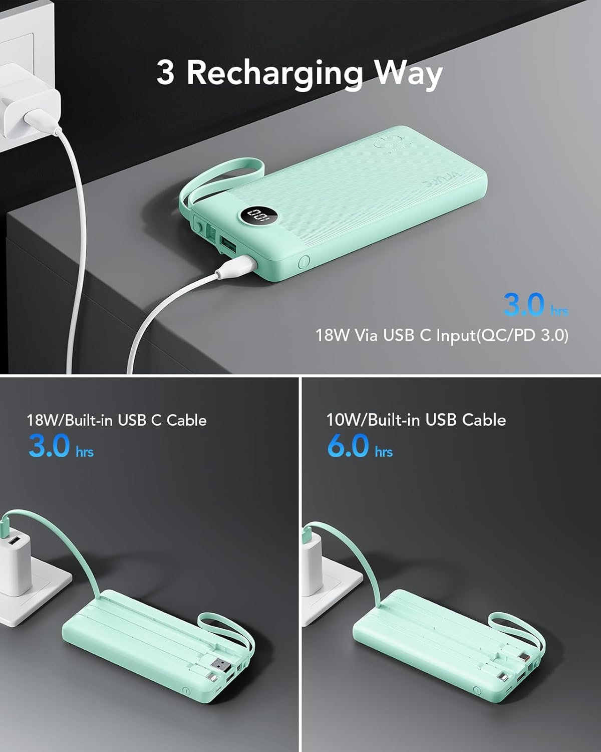 VRURC Portable Charger, 22.5W Fast Charging Power Bank Built‑in 4 Cables, 10000mAh Slim Lightweight Travel Battery Pack for iPhone, Samsung & Multi Devices, Pocket‑Friendly with Lanyard-Green(1 Pack)