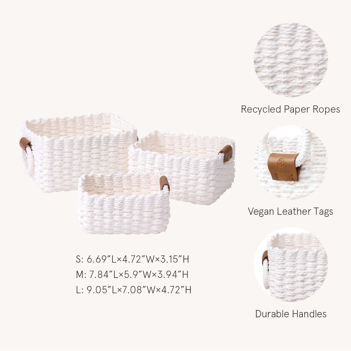 LA JOLIE MUSE Woven Storage Baskets for Organizing, Recycled Paper Rope Basket Bin Divider for Makeup Towel Shelf Cupboards Drawer Closet Dresser, Decorative White Storage Basket Set of 3