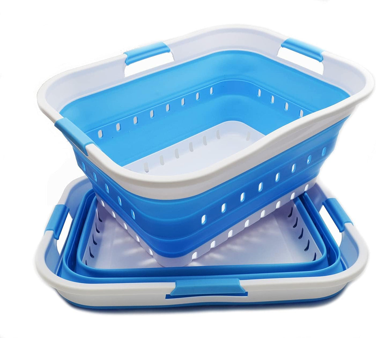 SAMMART 42L (11 gallon) Collapsible Plastic Laundry Basket - Foldable Pop Up Storage Container/Organizer - Portable Basket - Space Saving Hamper/Basket (2, White/Marine Blue)