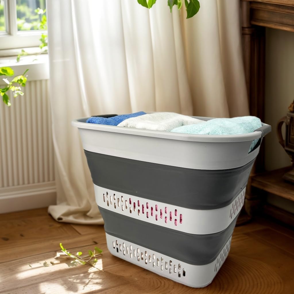 SAMMART 40L (10.5 Gallon) Collapsible Plastic Laundry Basket - Foldable Pop Up Storage Container/Organizer - Portable Laundry Hamper - Space Saving (1, Grey)