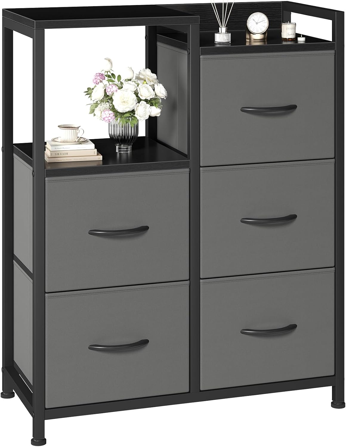 DUMOS TV Stands for Bedroom with 5 Drawers, 5-Drawer Chest of Drawers with Raised Shelf, Storage Tower with Fabric Bins for Closet Organization, Hallway Storage, Ash