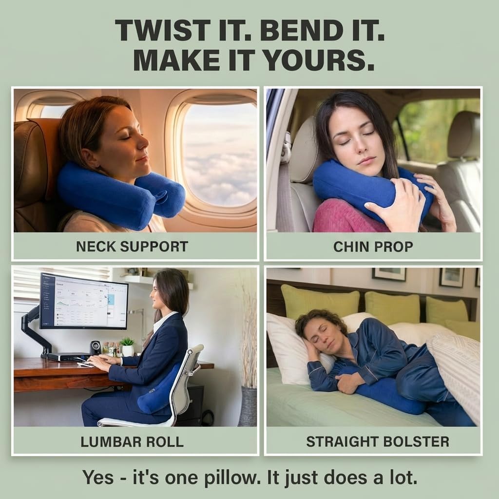 Dot&Dot Twist Memory Foam Travel Pillow for Airplanes - Travel Neck Pillow for Sleeping - Airplane Pillow for Neck Support - Adjustable, Bendable Neck Roll Pillow (Sapphire, One Size)