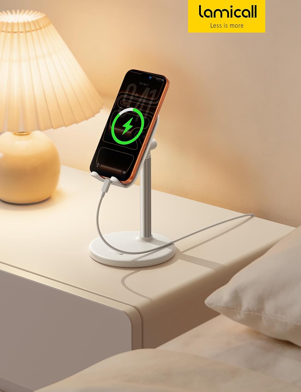 Lamicall Height Adjustable Phone Stand - White Sturdy Desktop Cell Phone Holder, Computer Office Desk Accessories for Women Kitchen Essentials, for iPhone iPad Tablet, 4-10"