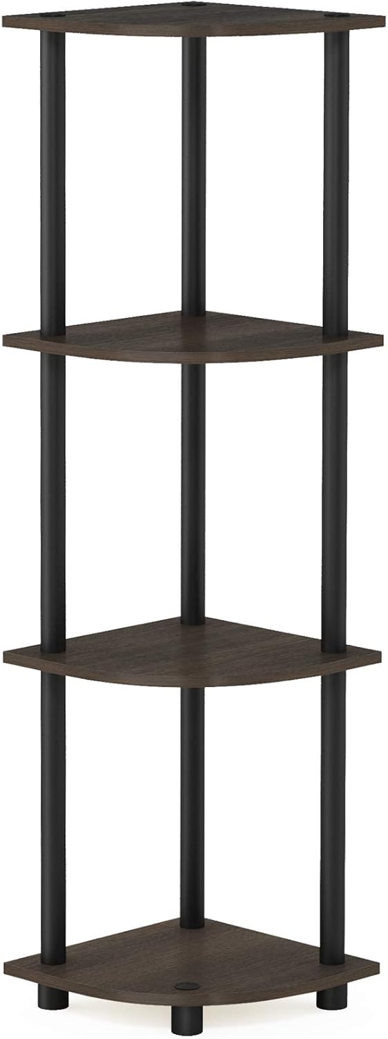 Furinno TURN-N-TUBE Corner Shelf, 4-Tier Corner Bookshelf, Display Storage Shelves with Open Shelves, for Organization and Storage, Living Room, Home Office, Garage, Dark Brown Grain