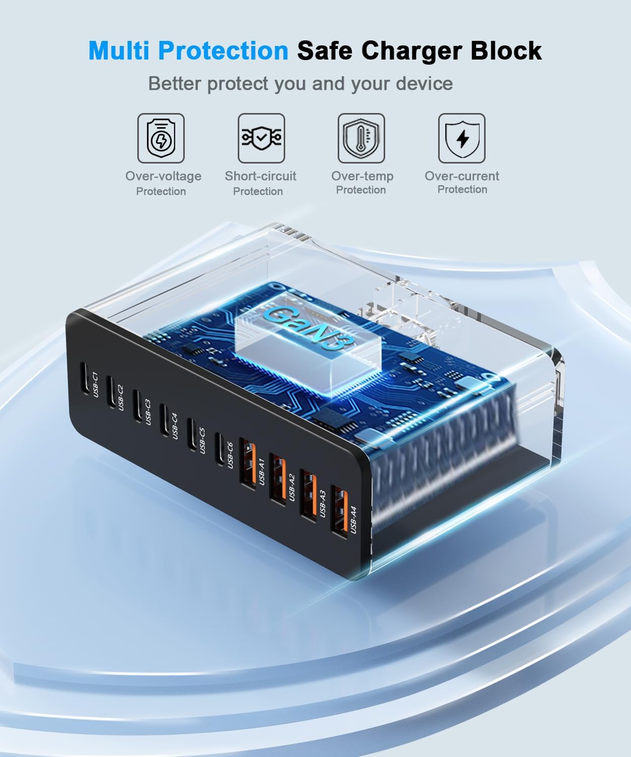 USB C Charging Station 10 Port with 4 Cables,200W GaN Type C Charger Block,Wall Charger Power Strip Adapter Plug for iPad iPhone17 16 15 14 13 12 Pro Max Pixel Note Galaxy