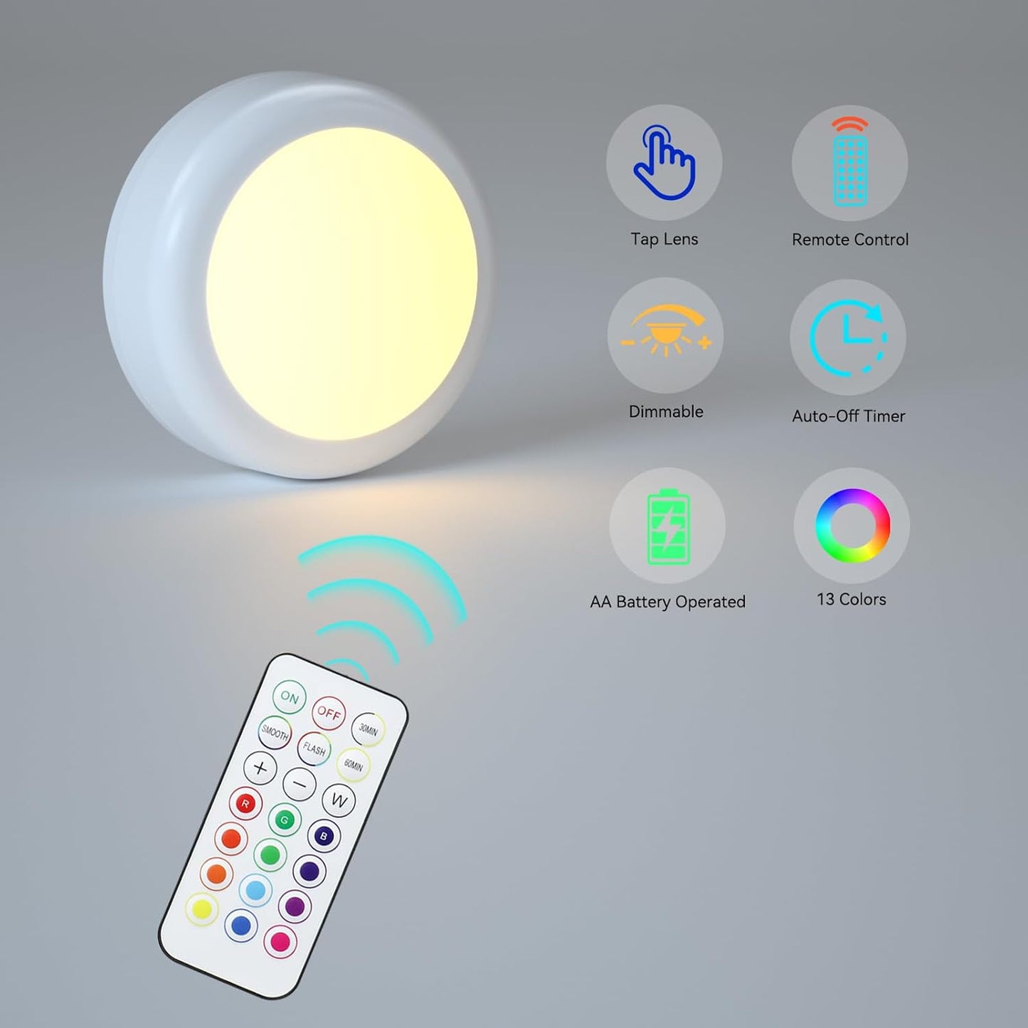 SEMSMOKS LED Puck Lights with Remote, Battery Operated -6 Pack | 13 Color RGB, Wireless Push Light, Under Cabinet, Battery Powered Puck Lights, 3M Stick On, For Bedroom Closet Cabinet