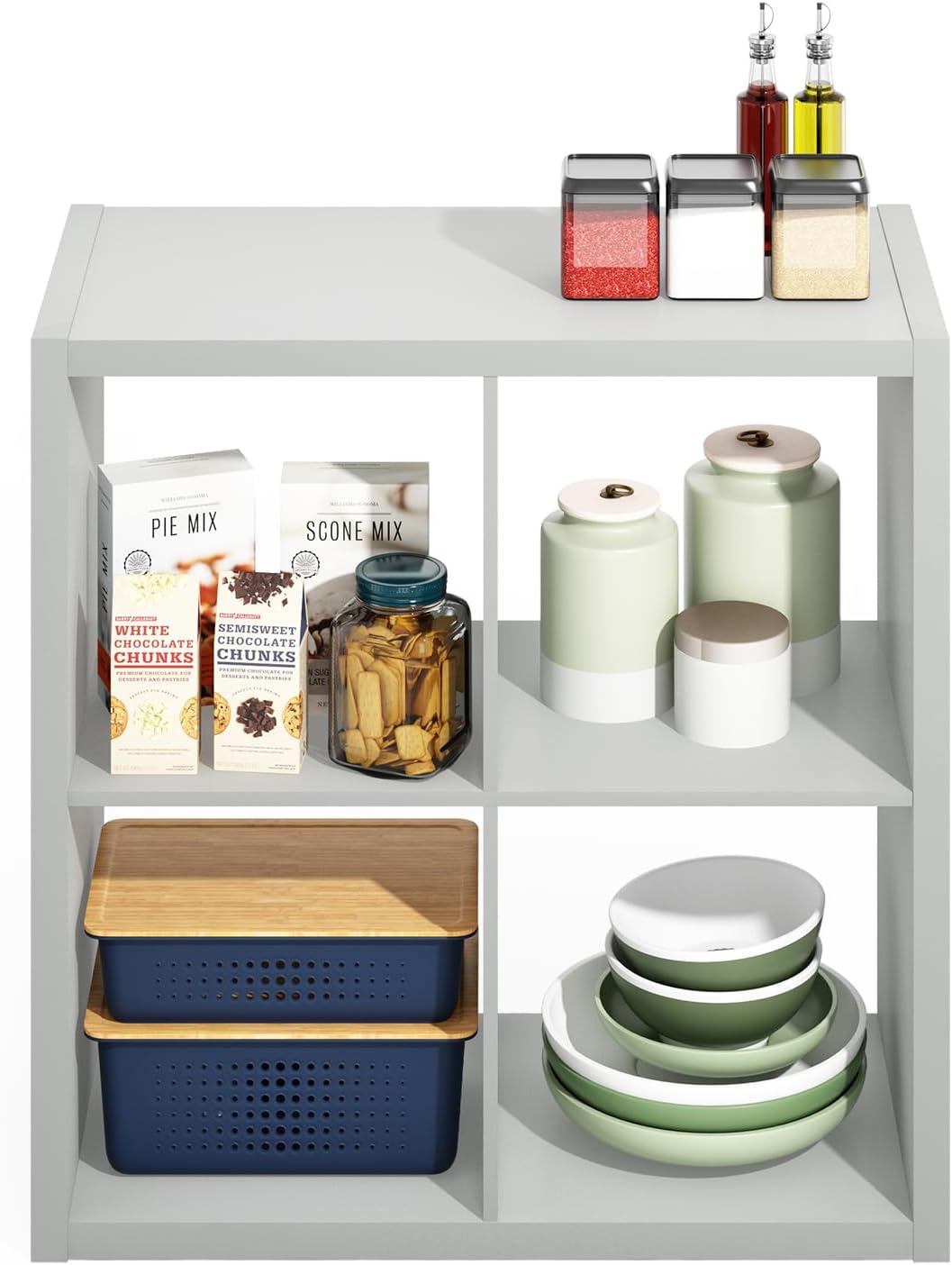 Furinno HERMITE Kitchen Island, 4-Cube Coffee Bar, Extra Thick Kitchen Storage, Bakers Rack, for Pantry Organizers and Storage, Kitchen Organization, Light Grey