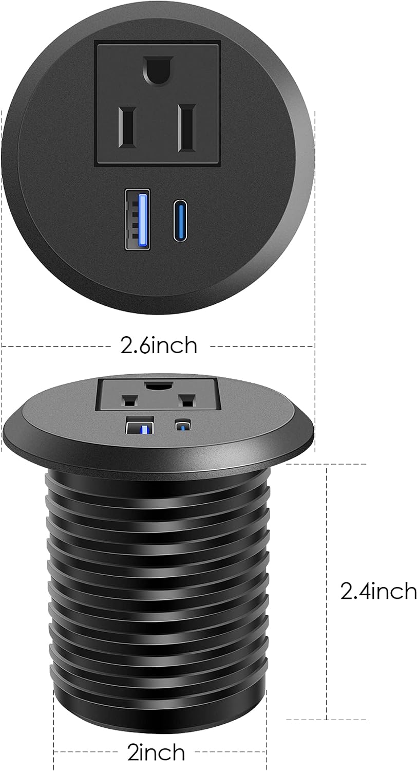 Desktop Power Grommet, 2 inch, USB C PD 20W Fast Charging Station, Desk Hole Outlet,ETL Listed (2, 6 FT Cable)