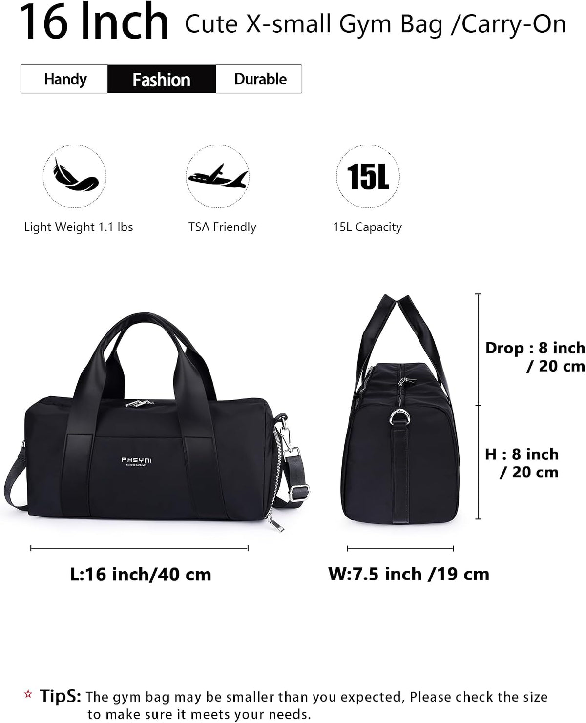 16" Gym Bag for Women,with Shoes Compartment and Waterproof Pocket(Black)