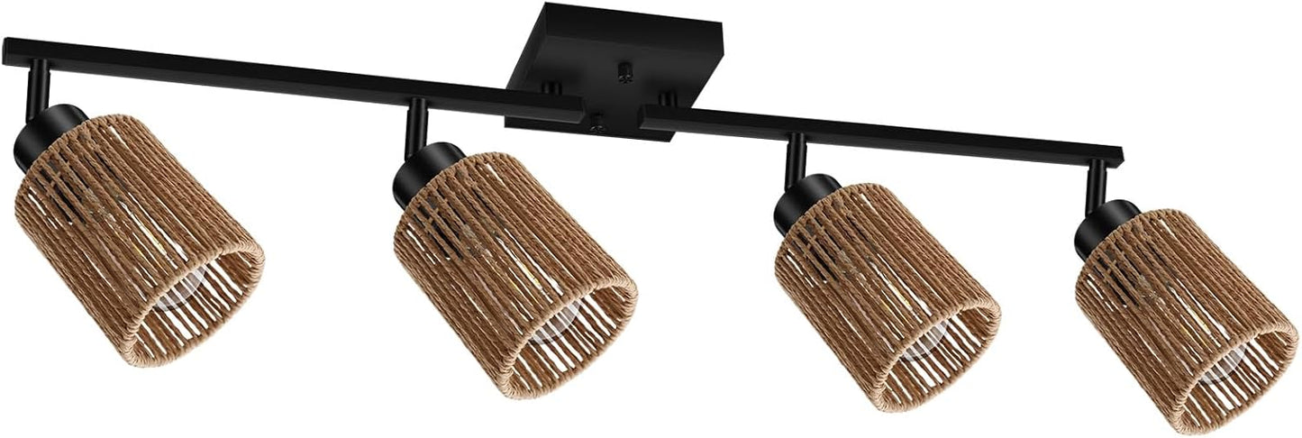 BoostArea 4 Light Track Lighting Kit, 4 Way Ceiling Spot Lighting with Handwoven Hemp Rope Lampshade, Flexibly Rotatable Light Head for Kitchen, Living Room, Bedroom, Bulb Not Included