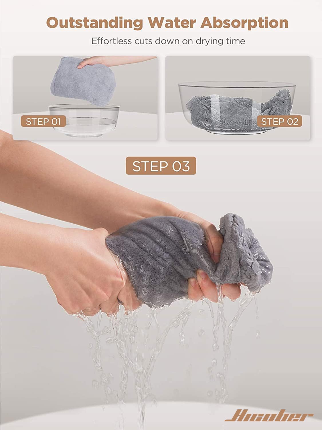 Hicober Microfiber Hair Towel, 3 Packs Hair Turbans for Wet Hair, Drying Hair Wrap Towels for Curly Hair Women Anti Frizz (Grey,Blue,Grey)