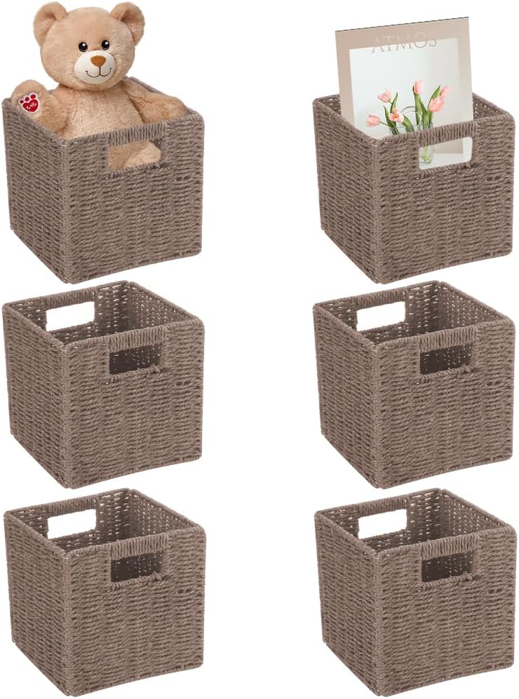 6 Pack 8.7 Inch Wicker Baskets | Hand Paper Rope, Storage Baskets,Foldable Cube Storage Bins Organizer Square Wicker Cubes for Shelves(Brown)