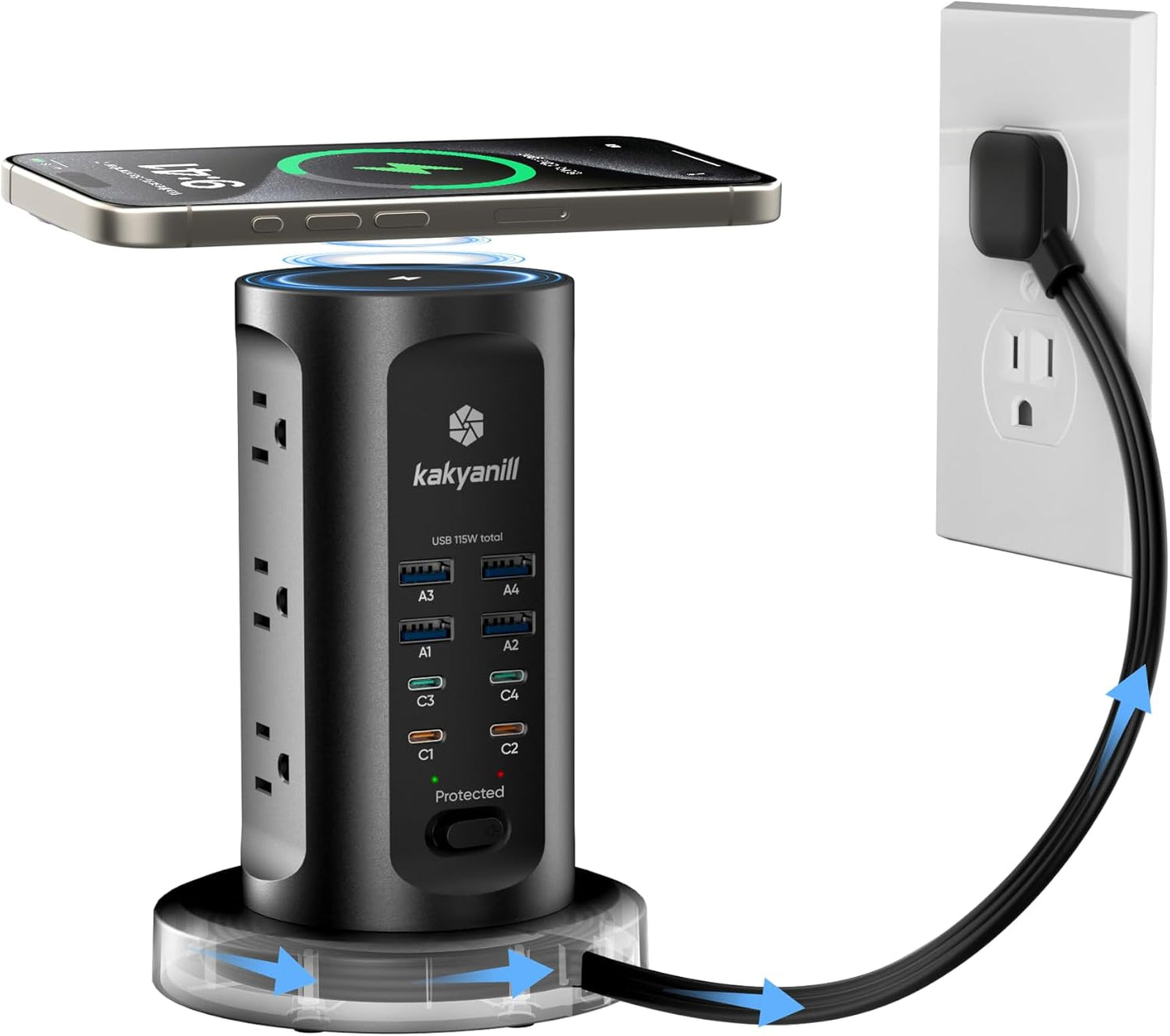 Kakyanill 115W USB Charging Station, Power Strip Tower, 9 AC Outlets with 8 USB Ports(4 USB-C), 6Ft Flat Plug Retractable Extension Cord, for Home Office Dorm, Black